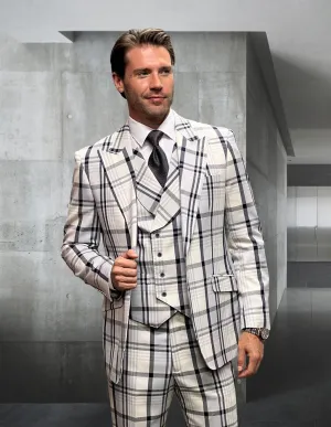3Pc Plaid Suit Peak Lapel With Double Breasted Vest. Modern Fit Flat Front Pants. Super 200\'S Italian Wool And Cashmere| BOTEGA| GRAY