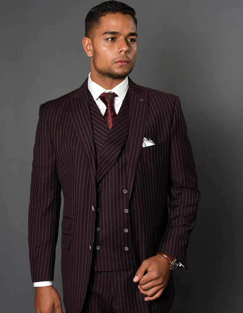 3pc Regular Fit Pleated Pants With Double Breasted Vest Super 150's | Zarelli | Maroon