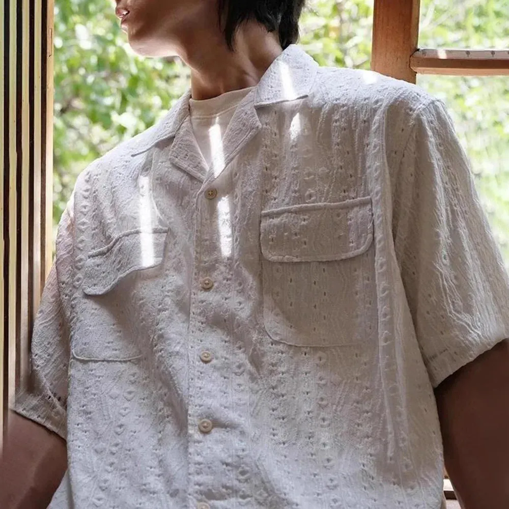 Aidase Mens Shirt Textured Pocket Casual Shirt Summer Streetwear Beach Vacation Solid Color Camping Short-Sleeve Top Men'S Clothing