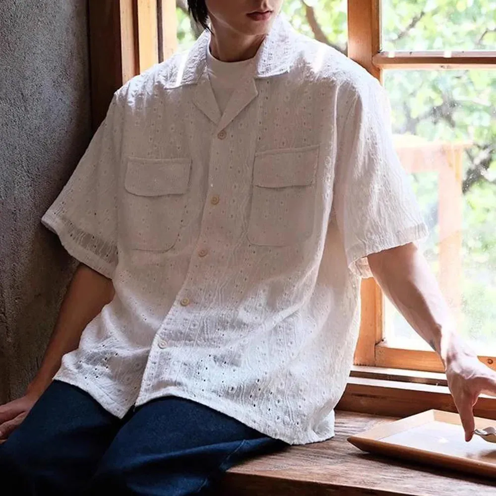Aidase Mens Shirt Textured Pocket Casual Shirt Summer Streetwear Beach Vacation Solid Color Camping Short-Sleeve Top Men'S Clothing