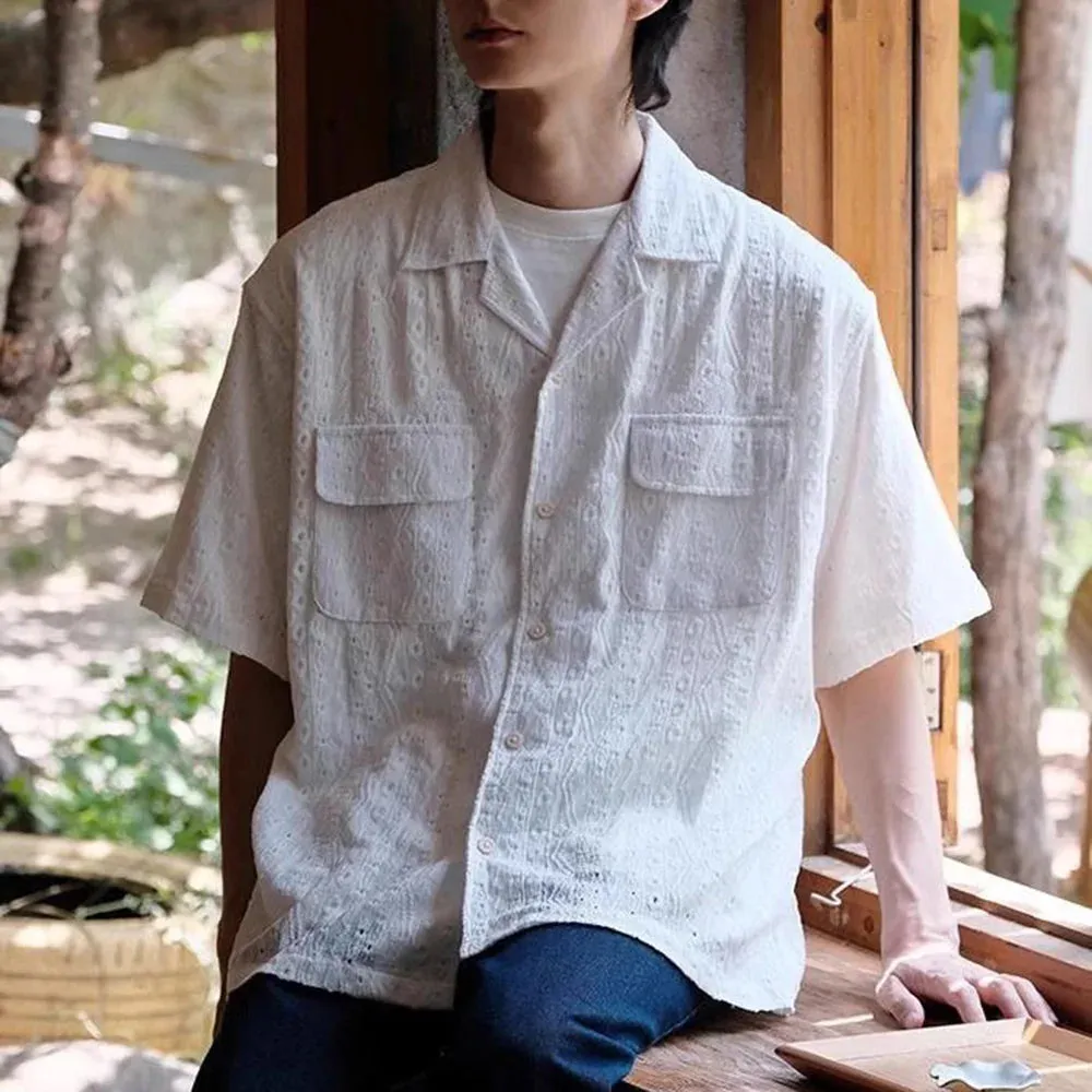 Aidase Mens Shirt Textured Pocket Casual Shirt Summer Streetwear Beach Vacation Solid Color Camping Short-Sleeve Top Men'S Clothing