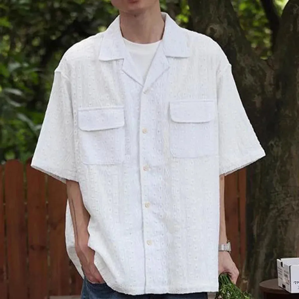 Aidase Mens Shirt Textured Pocket Casual Shirt Summer Streetwear Beach Vacation Solid Color Camping Short-Sleeve Top Men'S Clothing