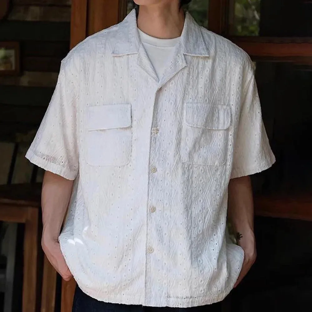 Aidase Mens Shirt Textured Pocket Casual Shirt Summer Streetwear Beach Vacation Solid Color Camping Short-Sleeve Top Men'S Clothing