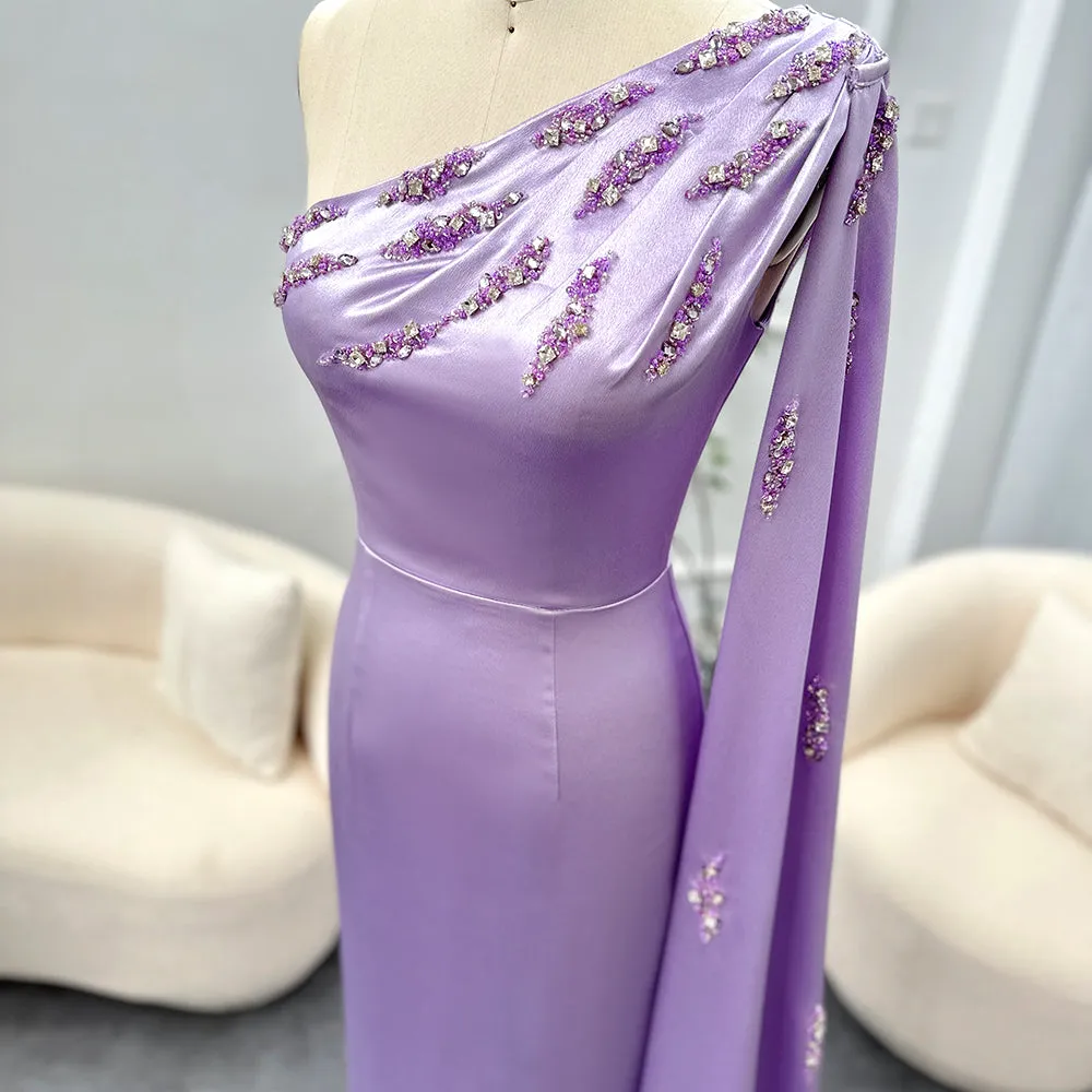 Arabic One Shoulder Lilac Evening Dresses with Cape SS273