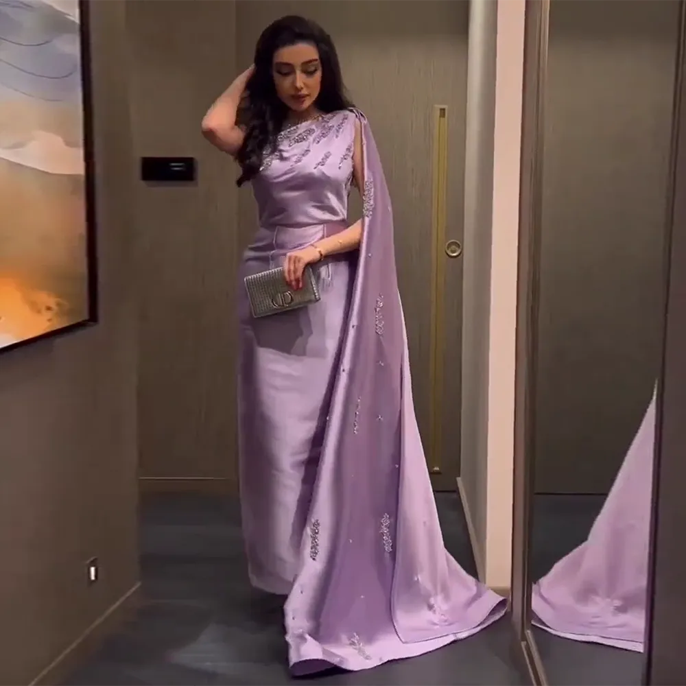 Arabic One Shoulder Lilac Evening Dresses with Cape SS273
