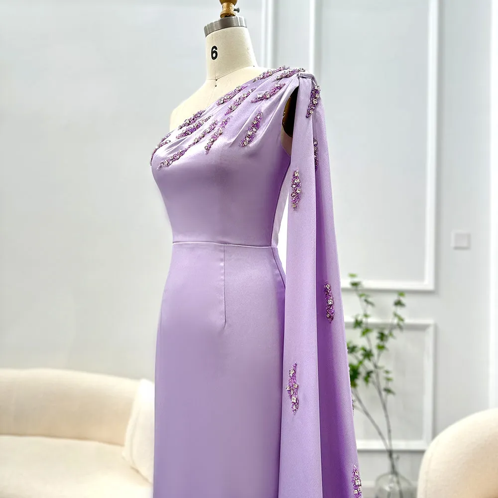 Arabic One Shoulder Lilac Evening Dresses with Cape SS273