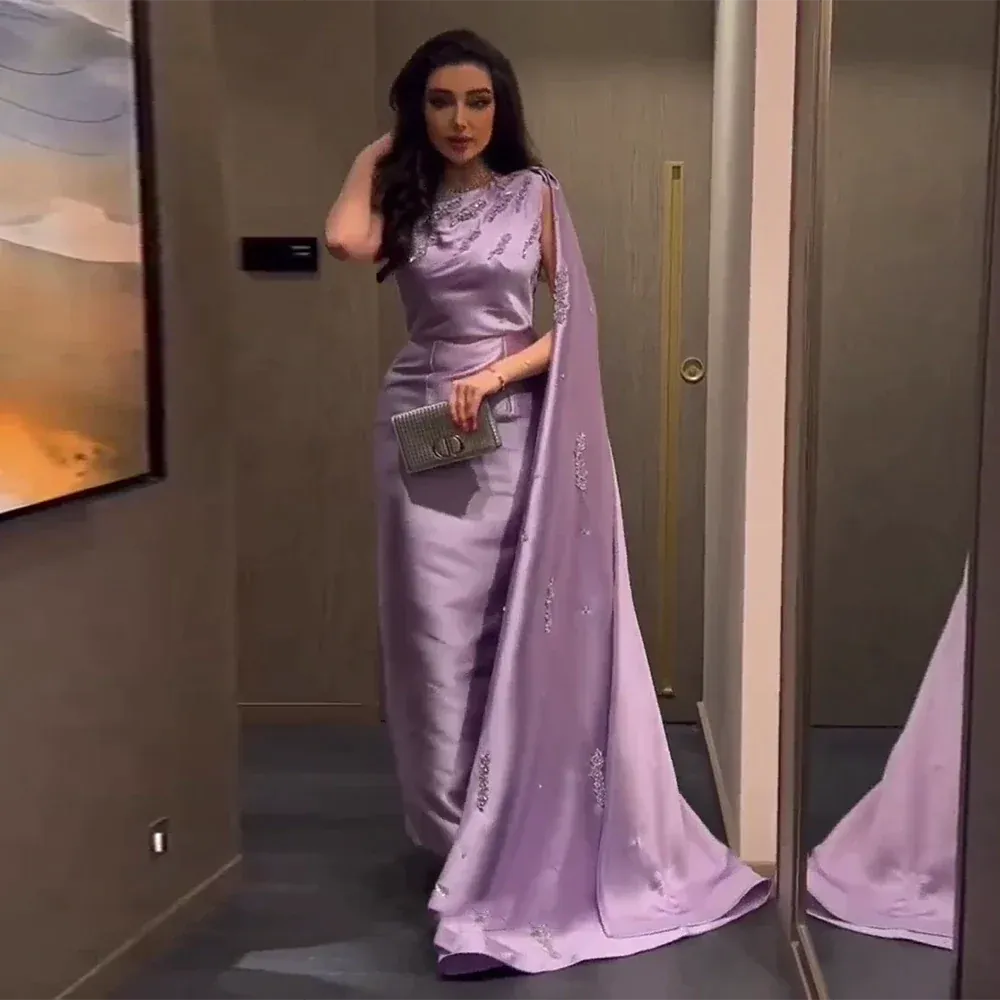 Arabic One Shoulder Lilac Evening Dresses with Cape SS273