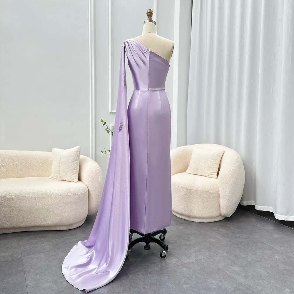 Arabic One Shoulder Lilac Evening Dresses with Cape SS273
