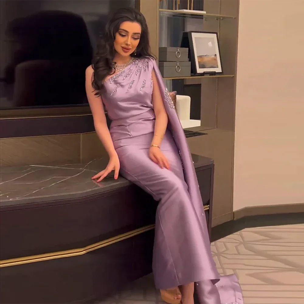 Arabic One Shoulder Lilac Evening Dresses with Cape SS273