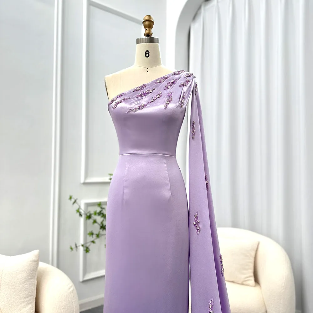 Arabic One Shoulder Lilac Evening Dresses with Cape SS273