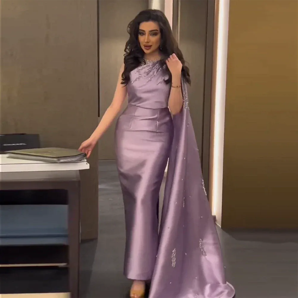 Arabic One Shoulder Lilac Evening Dresses with Cape SS273