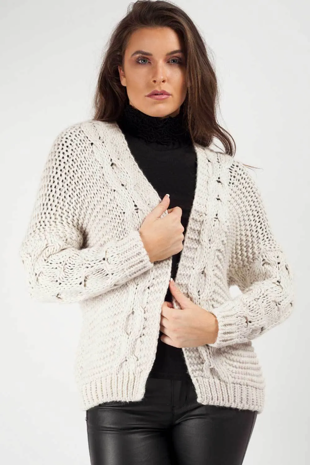 Beige Cropped Cardigan Cable Knitted
