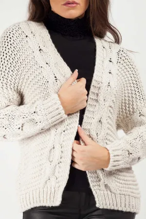 Beige Cropped Cardigan Cable Knitted