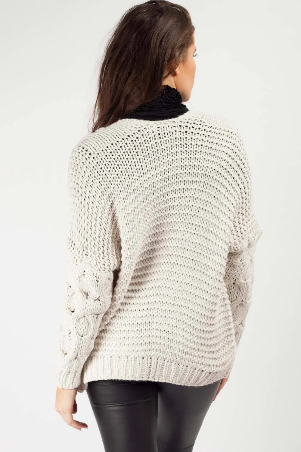 Beige Cropped Cardigan Cable Knitted