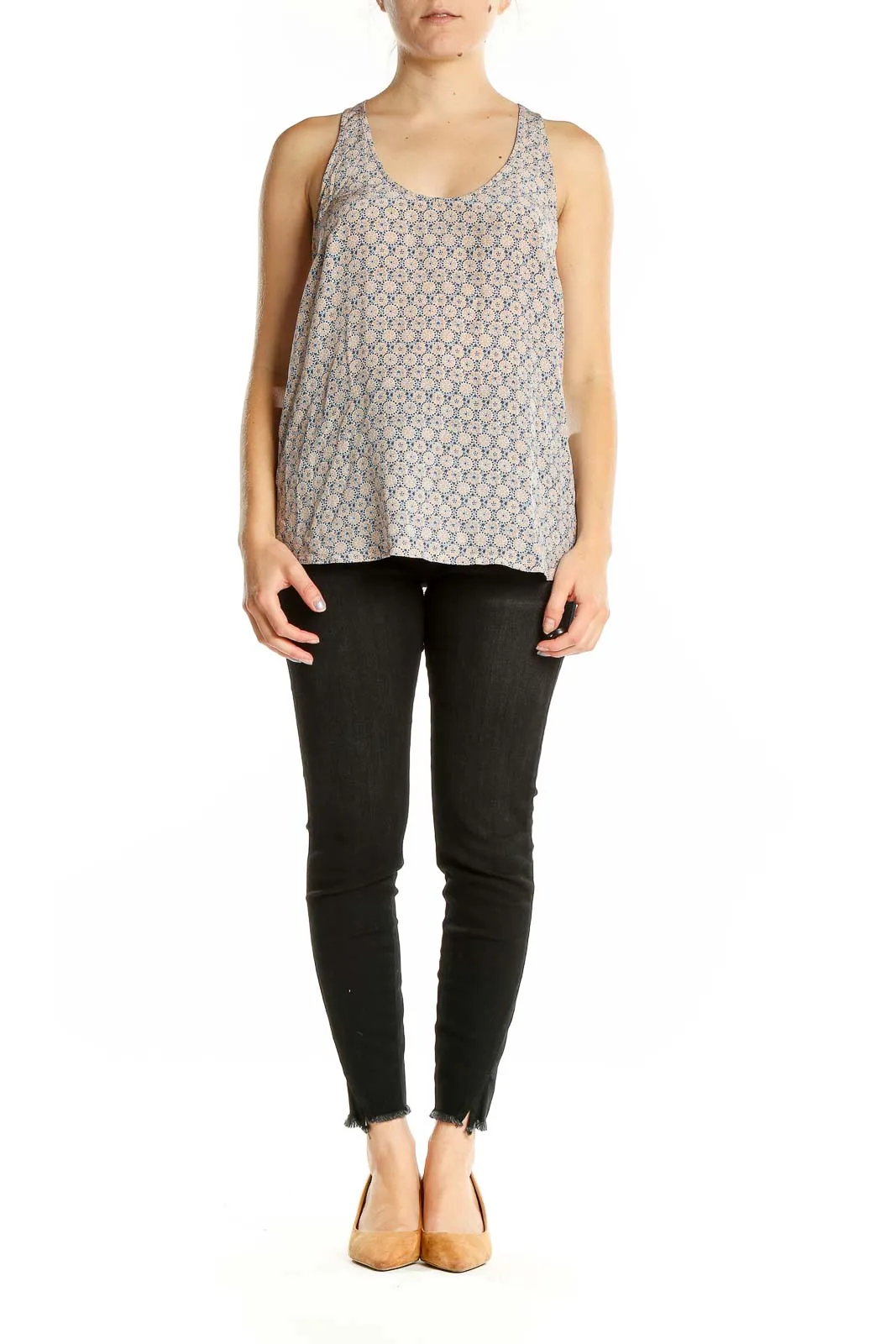 Beige Floral Print Silk Tank Top
