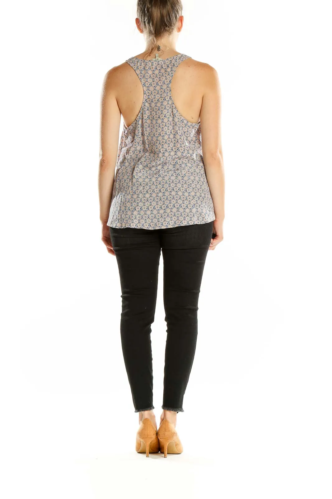 Beige Floral Print Silk Tank Top