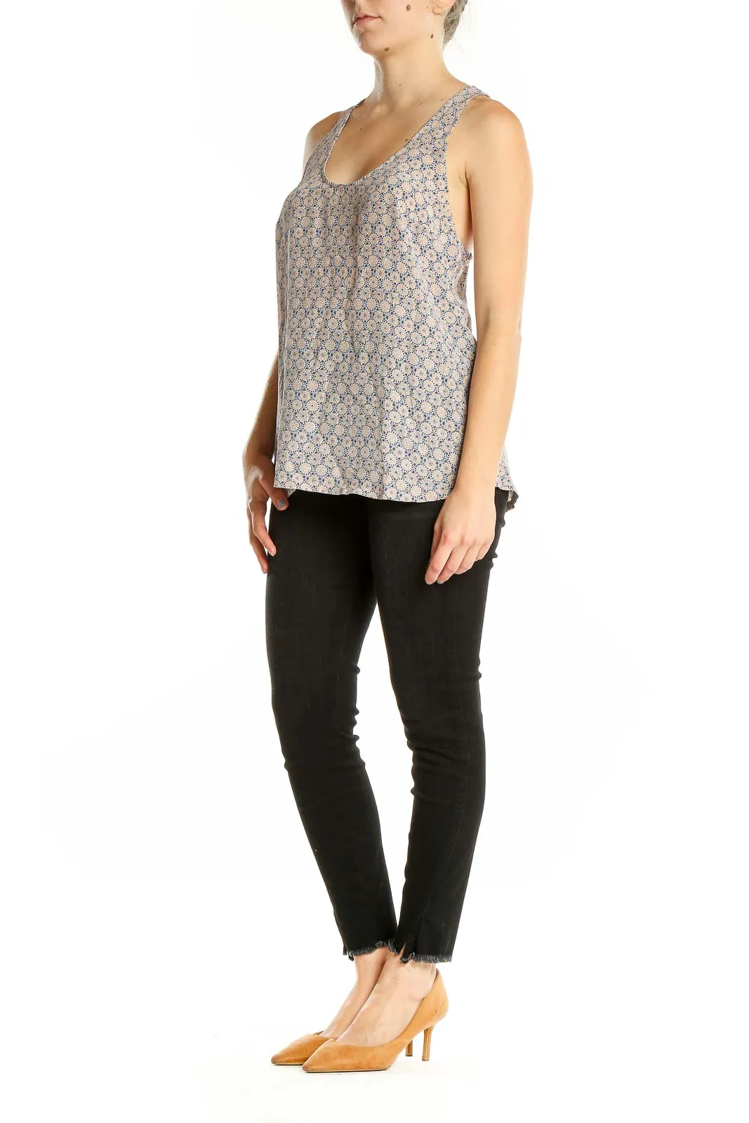 Beige Floral Print Silk Tank Top