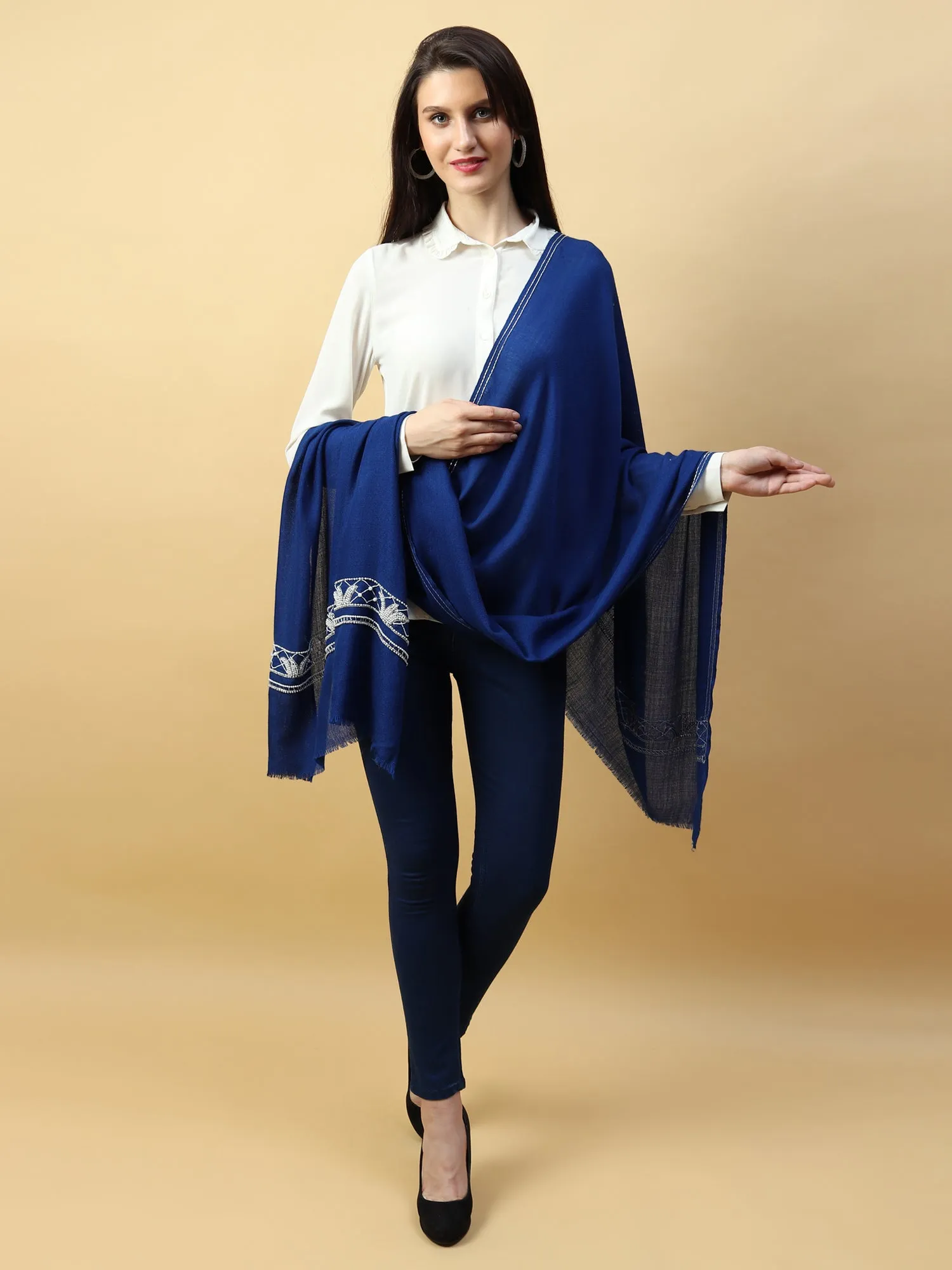 Blue Shawl embellished & hand embroidered with pearls & swarovski crystals