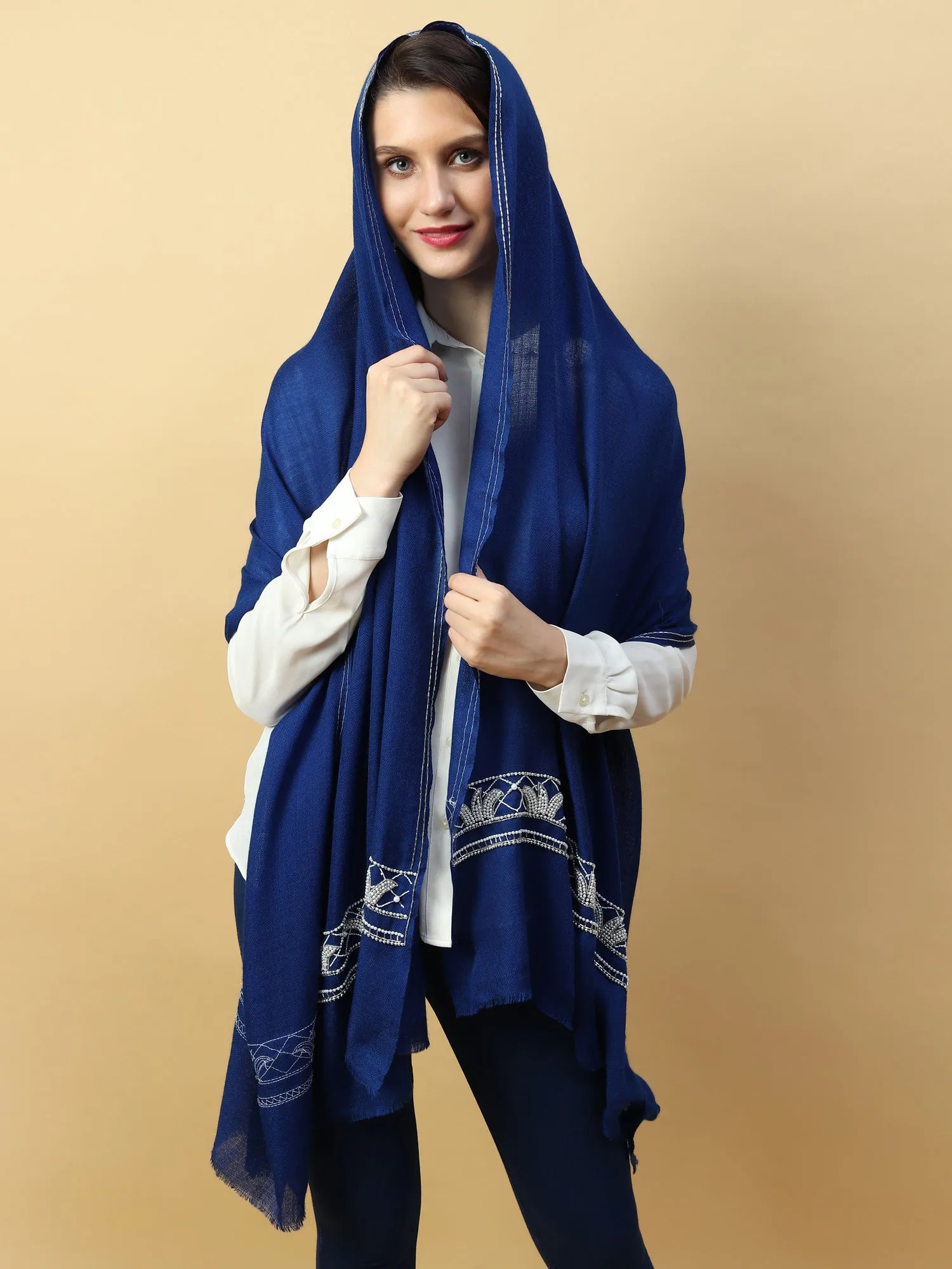 Blue Shawl embellished & hand embroidered with pearls & swarovski crystals
