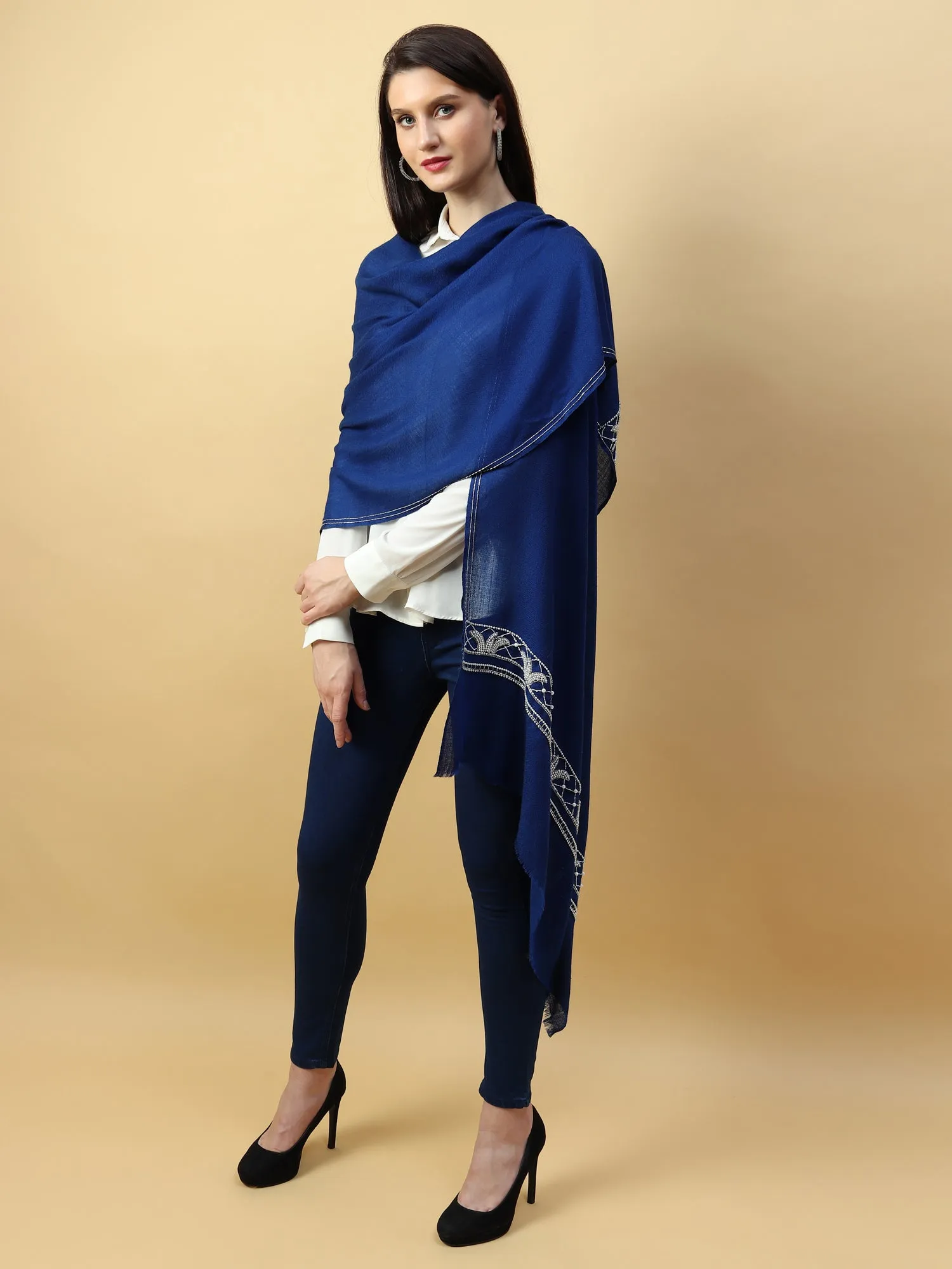 Blue Shawl embellished & hand embroidered with pearls & swarovski crystals