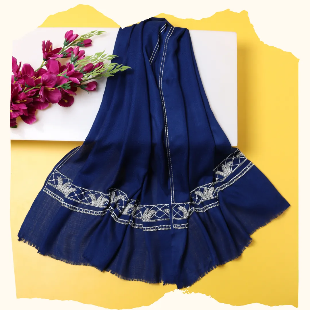 Blue Shawl embellished & hand embroidered with pearls & swarovski crystals