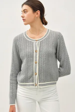 Blue Zone Planet |  Be Cool Cable Knit Long Sleeve Contrast Edge Cardigan