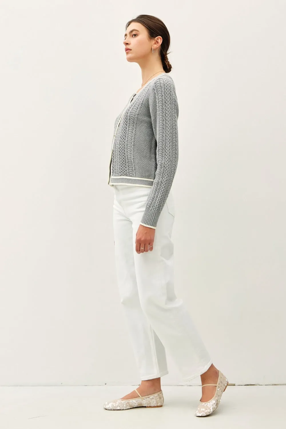 Blue Zone Planet |  Be Cool Cable Knit Long Sleeve Contrast Edge Cardigan