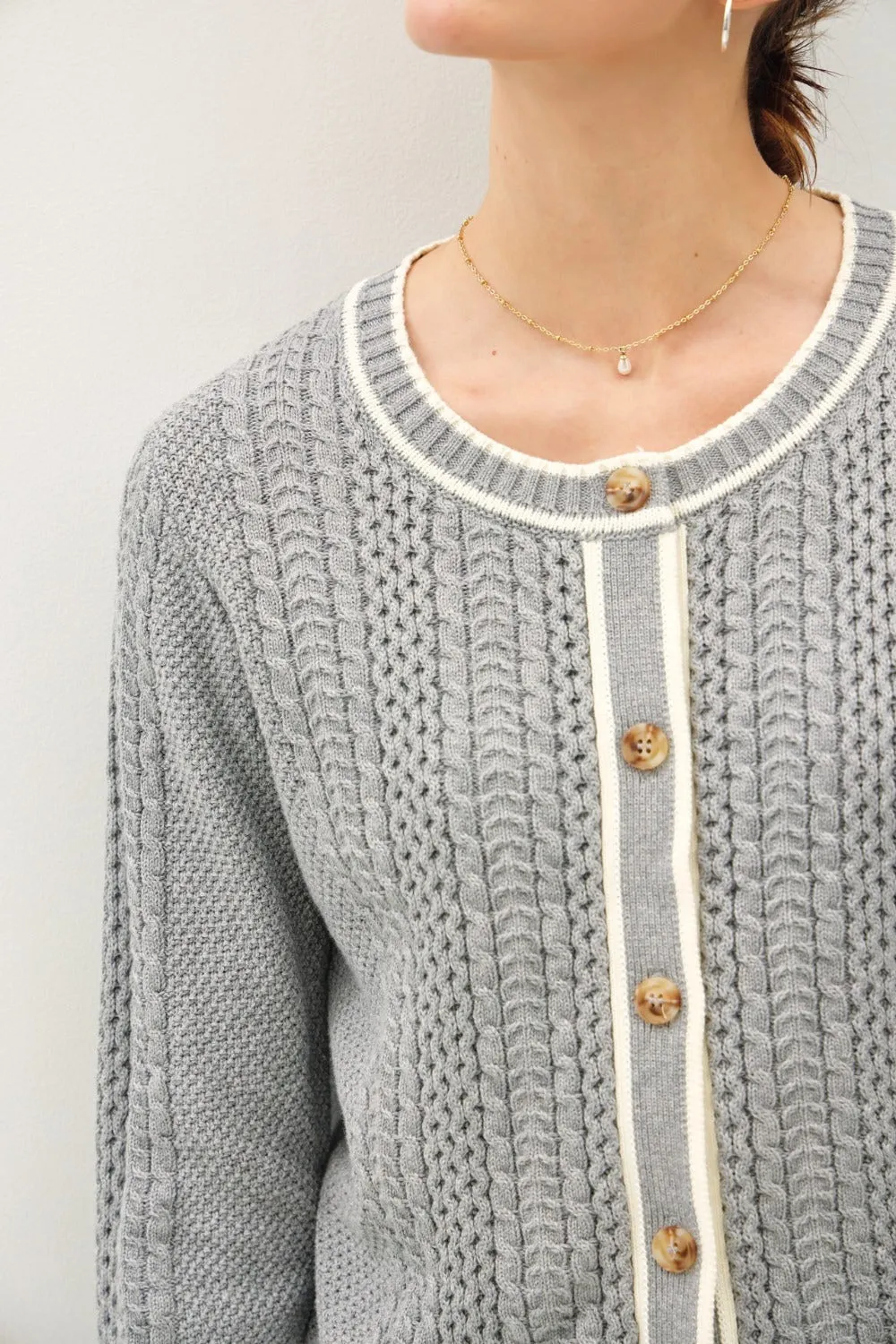 Blue Zone Planet |  Be Cool Cable Knit Long Sleeve Contrast Edge Cardigan