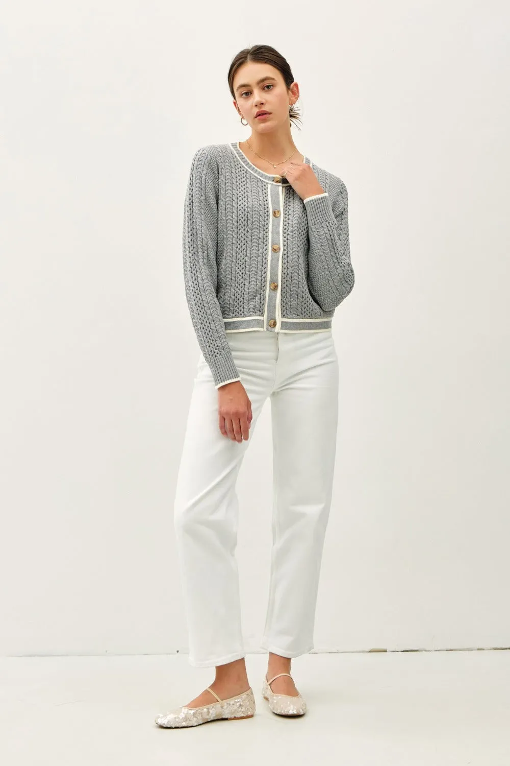 Blue Zone Planet |  Be Cool Cable Knit Long Sleeve Contrast Edge Cardigan