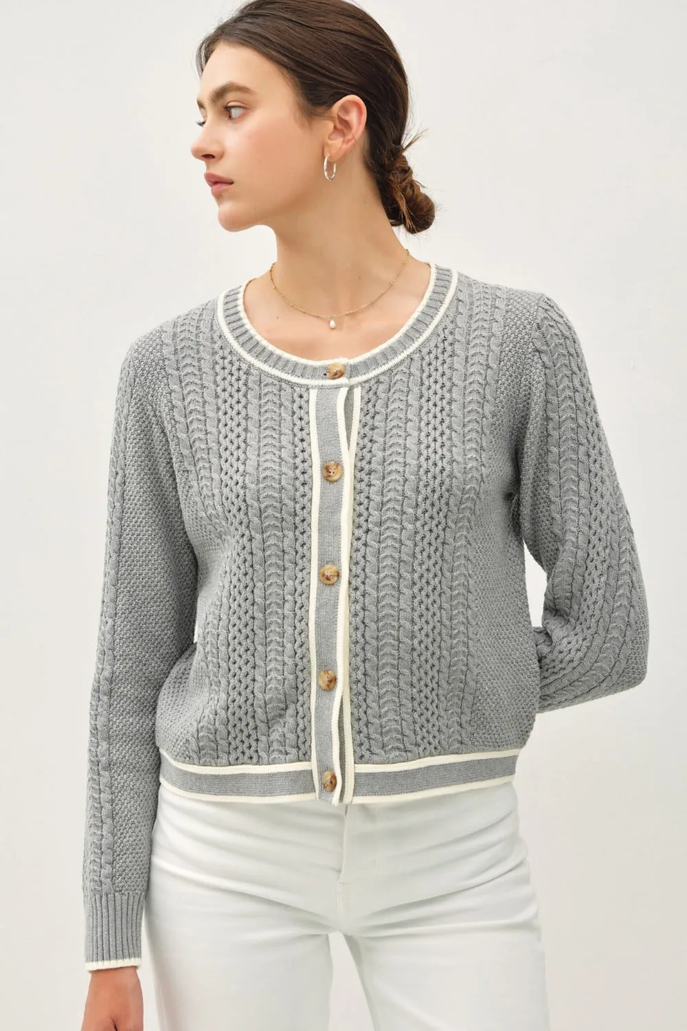 Blue Zone Planet |  Be Cool Cable Knit Long Sleeve Contrast Edge Cardigan