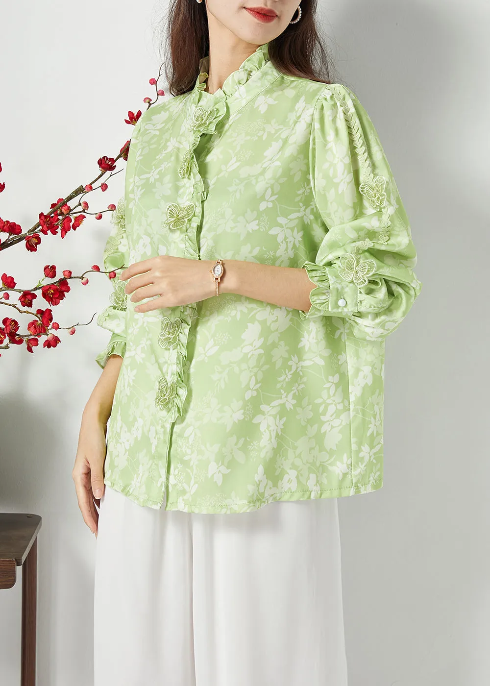 Bohemian Green Ruffled Print Butterfly Silk Tops Spring LC0389