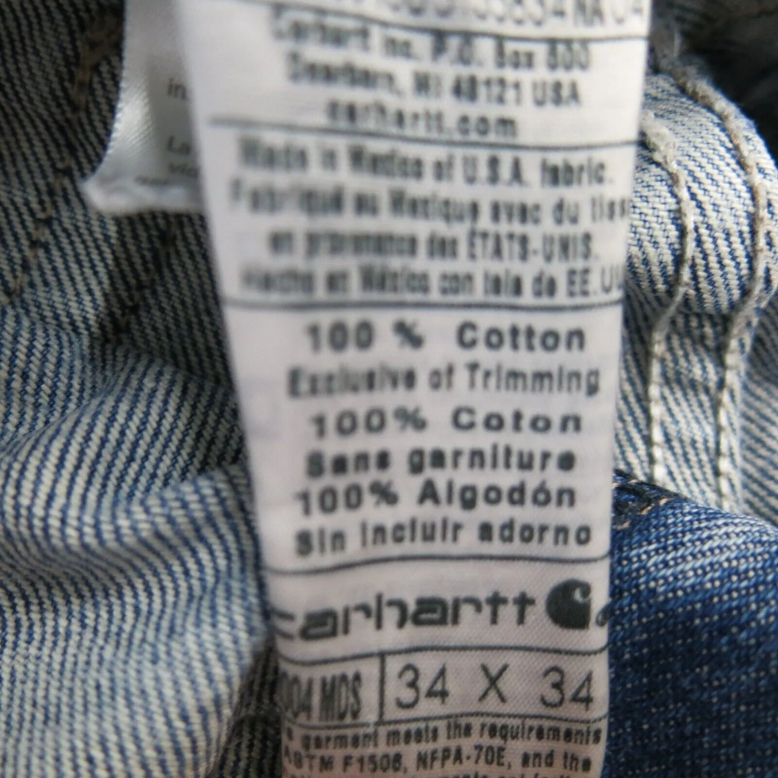 Carhartt Jeans Mens W34XL34 Blue Denim Straight Leg 100% Cotton Lightweight