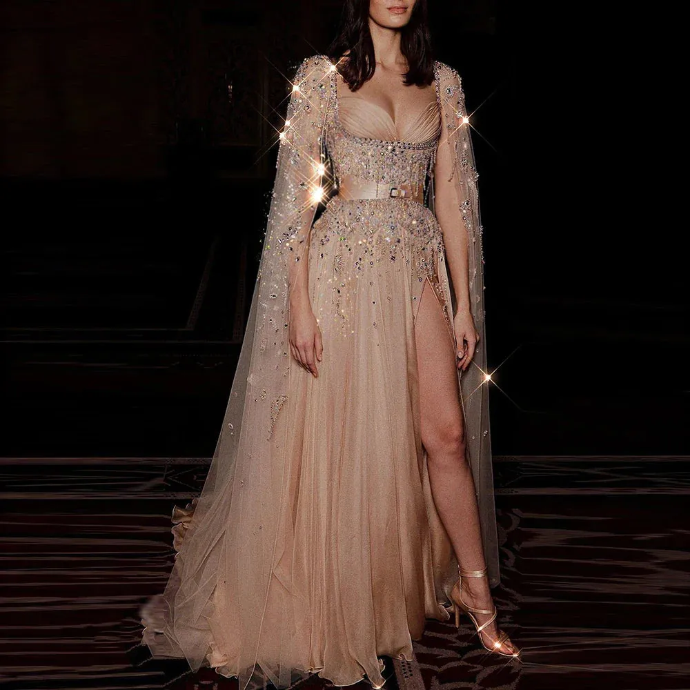 Champagne Tassel Slit Evening Dress with Cape Sleeves SS376