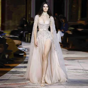 Champagne Tassel Slit Evening Dress with Cape Sleeves SS376
