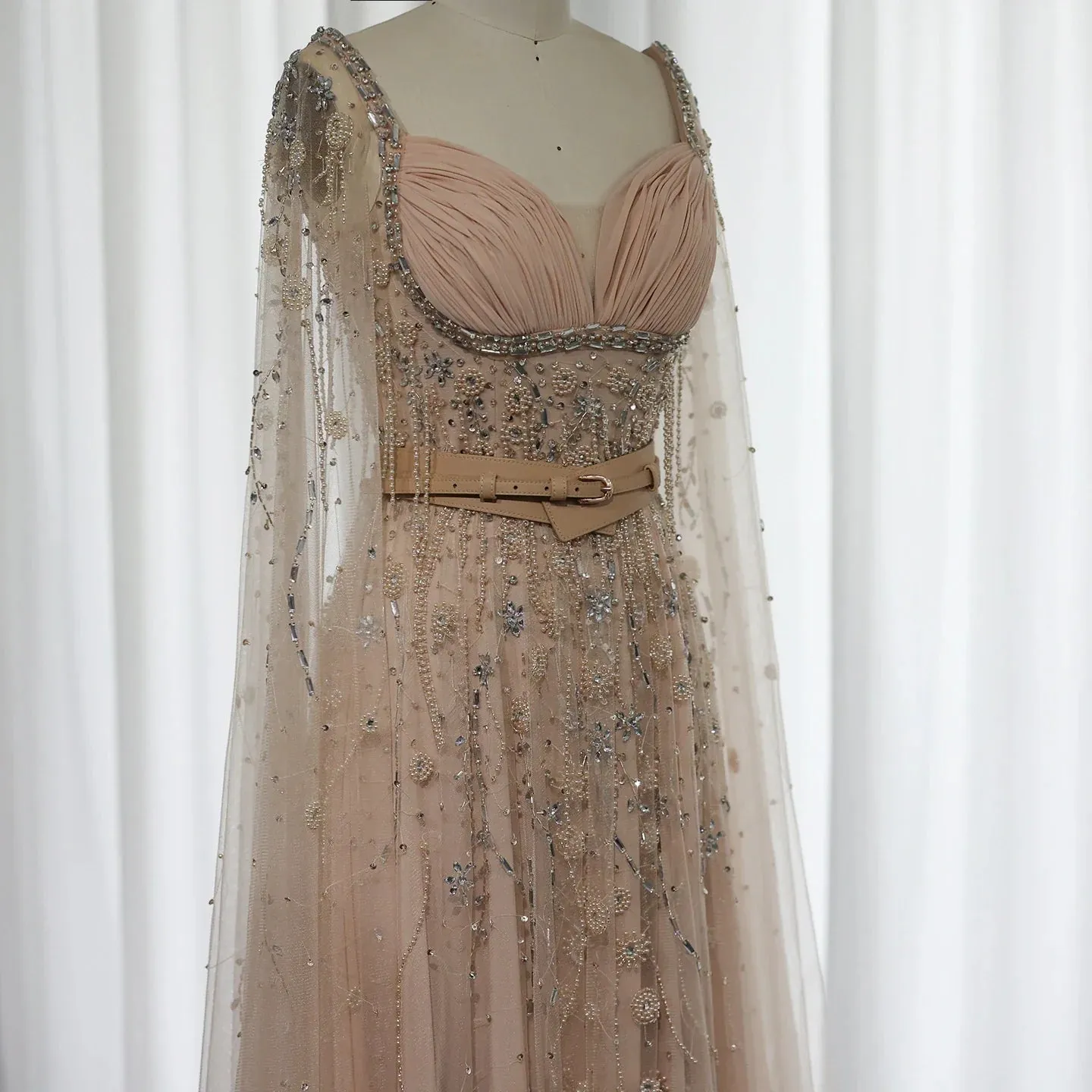 Champagne Tassel Slit Evening Dress with Cape Sleeves SS376