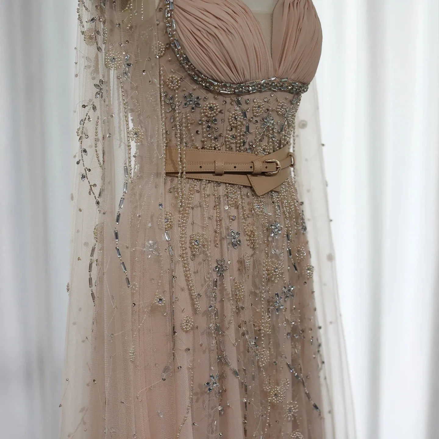 Champagne Tassel Slit Evening Dress with Cape Sleeves SS376