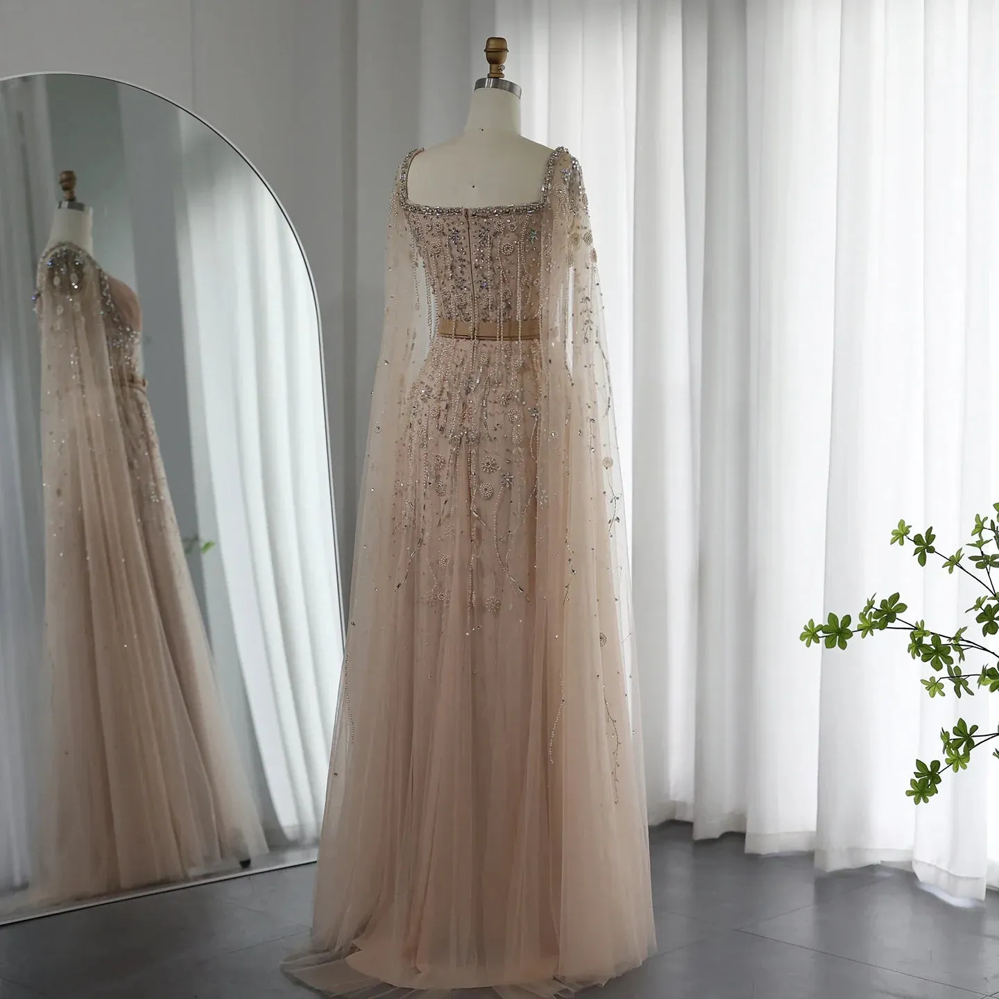 Champagne Tassel Slit Evening Dress with Cape Sleeves SS376