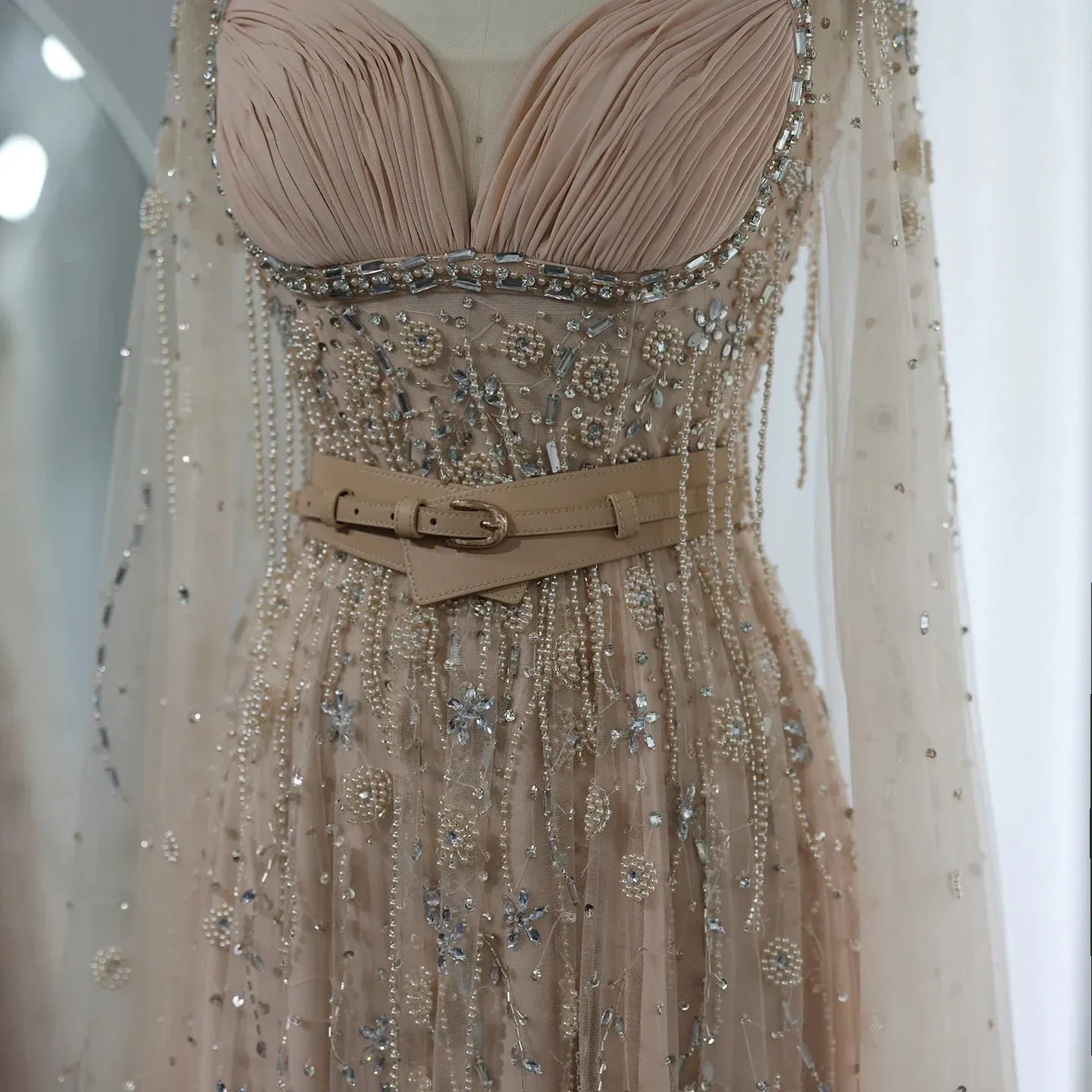 Champagne Tassel Slit Evening Dress with Cape Sleeves SS376