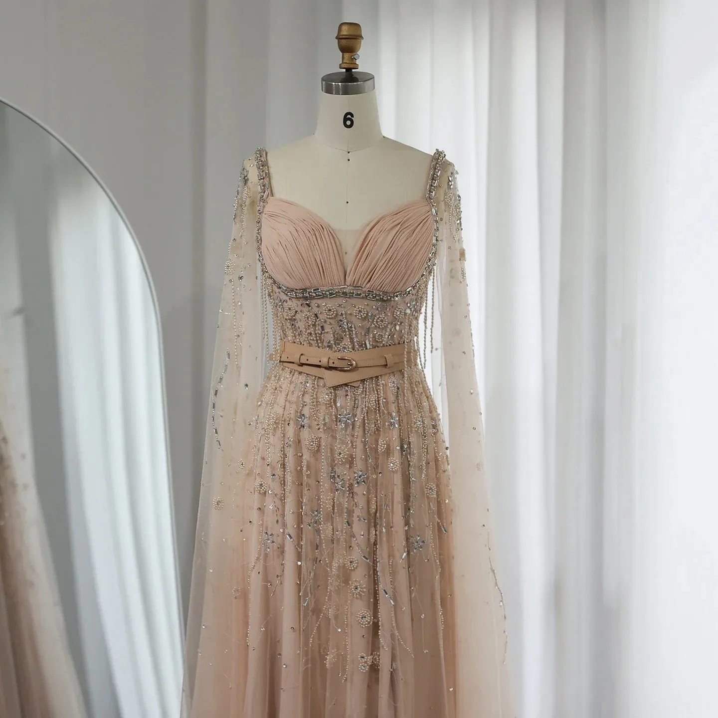 Champagne Tassel Slit Evening Dress with Cape Sleeves SS376