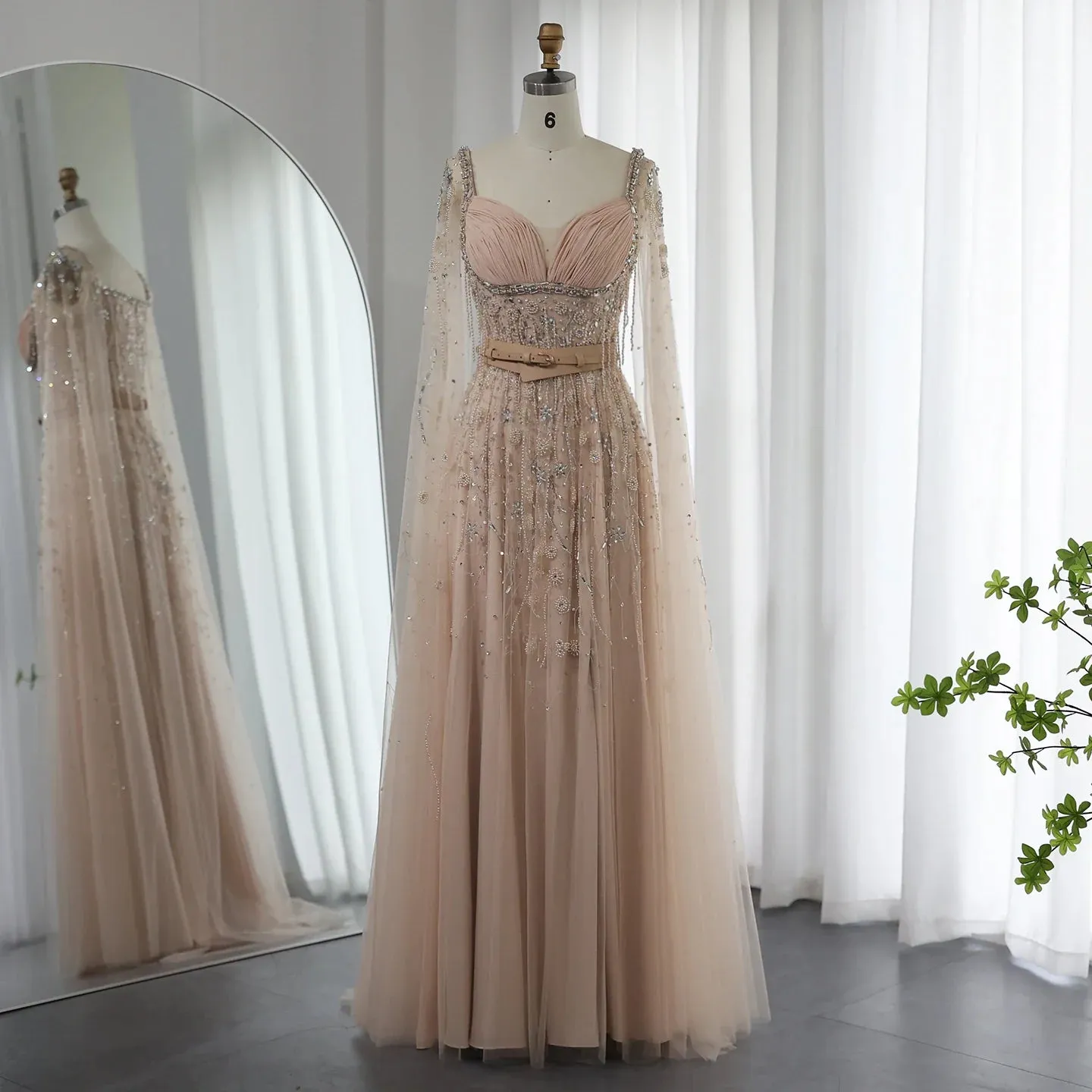 Champagne Tassel Slit Evening Dress with Cape Sleeves SS376