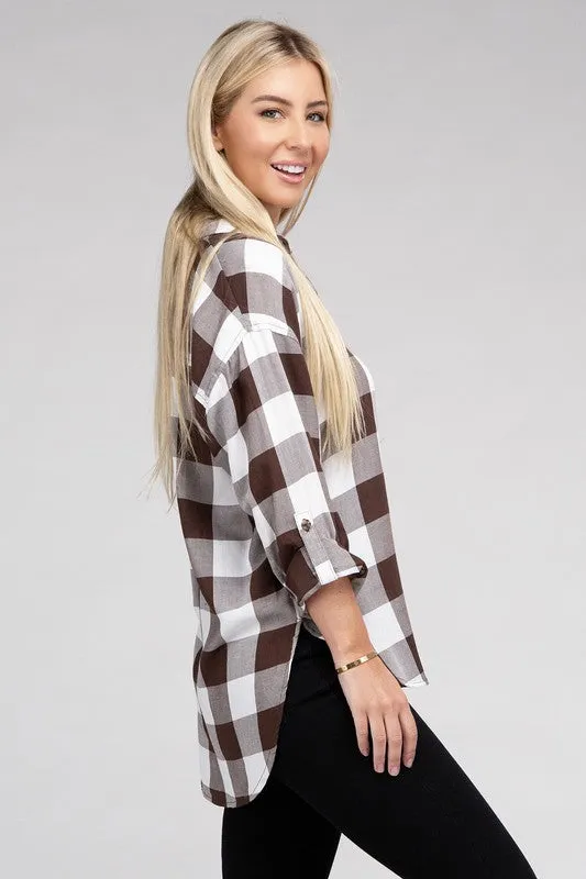 Checkered Charm Collared Button-Up Plaid Top