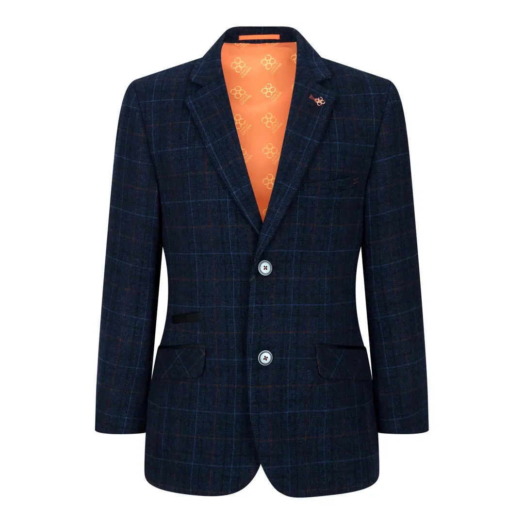 Cody - Boys Blue 3 Piece Suit Navy Check Wedding Prom Formal
