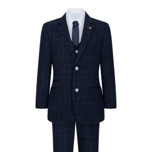 Cody - Boys Blue 3 Piece Suit Navy Check Wedding Prom Formal