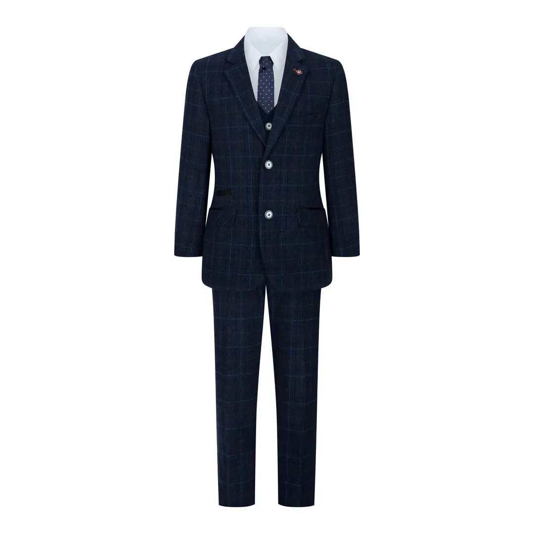 Cody - Boys Blue 3 Piece Suit Navy Check Wedding Prom Formal