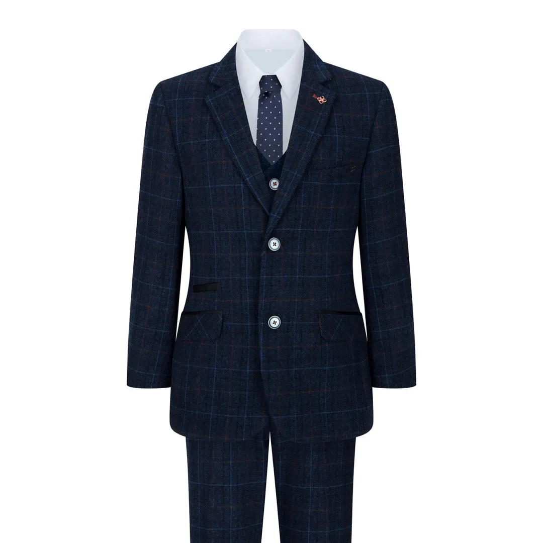 Cody - Boys Blue 3 Piece Suit Navy Check Wedding Prom Formal