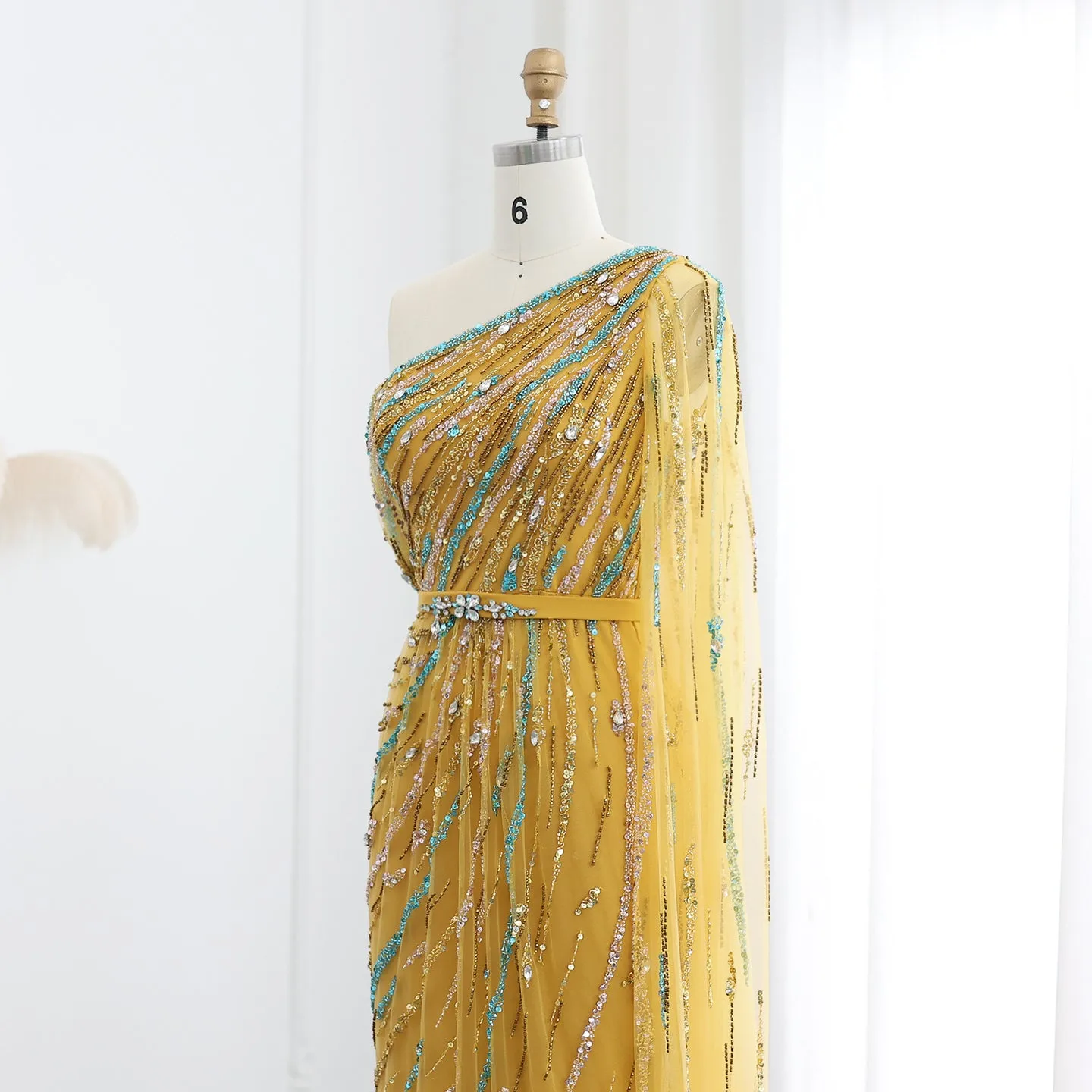 Colorful Beaded One Shoulder Yellow Evening Dress with Cape SS423