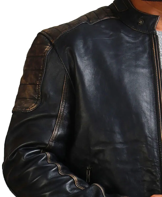 Distressed Black Biker Leather Jacket