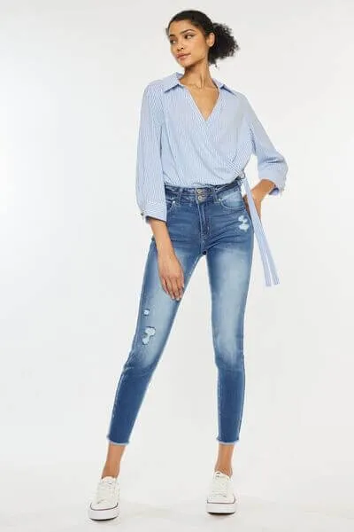 Distressed Raw Hem High Waist Jeans