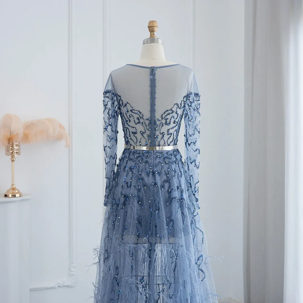 Dubai Blue Feathers High Low Evening Dress for Wedding Party SS111