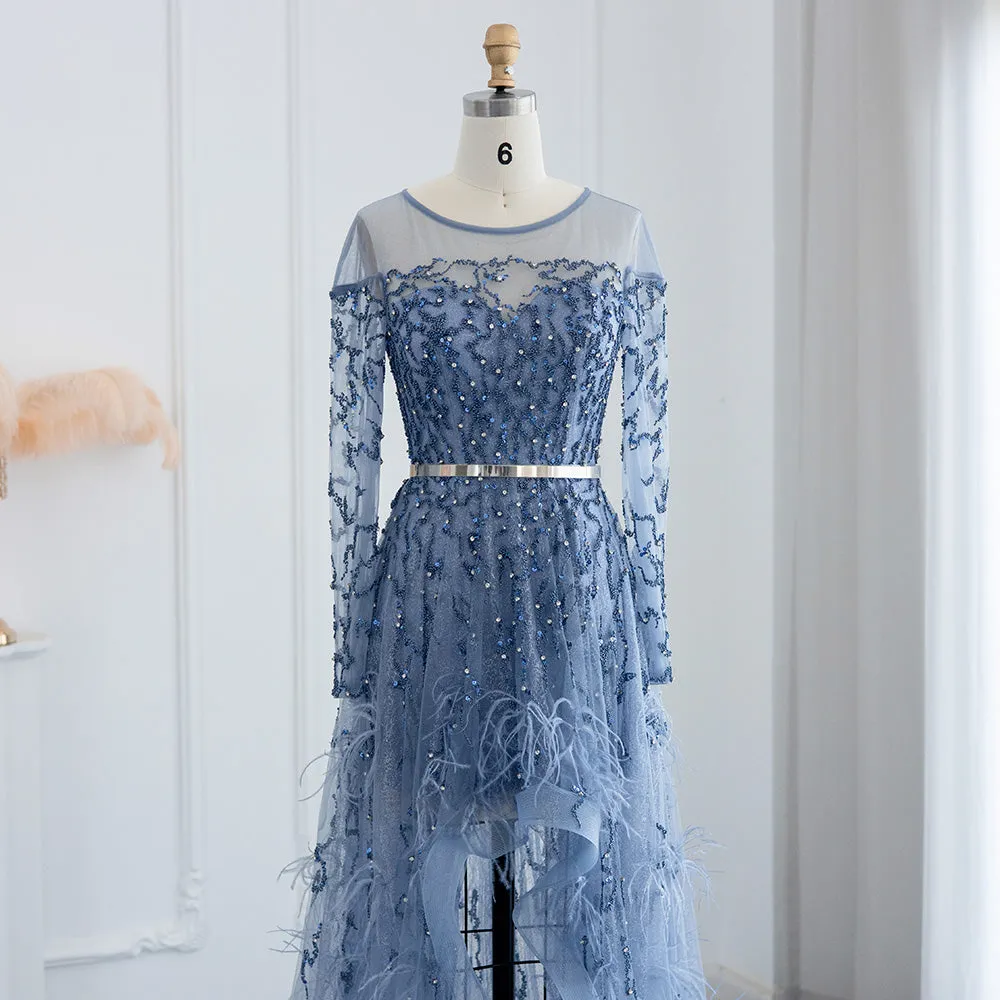 Dubai Blue Feathers High Low Evening Dress for Wedding Party SS111